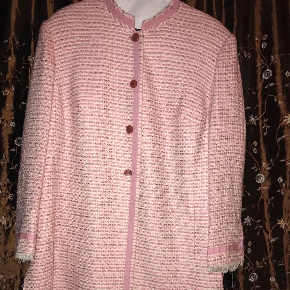 Pink and Off White Thigh Length Jacket